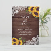 Rustikale Scheunenholz-Spitzen-Sonnenblumen-Hochze Save The Date (Stehend Vorderseite)