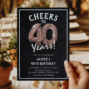 Rustikale Schiefertafel-Roségold-Ballons 40. Gebur Einladung