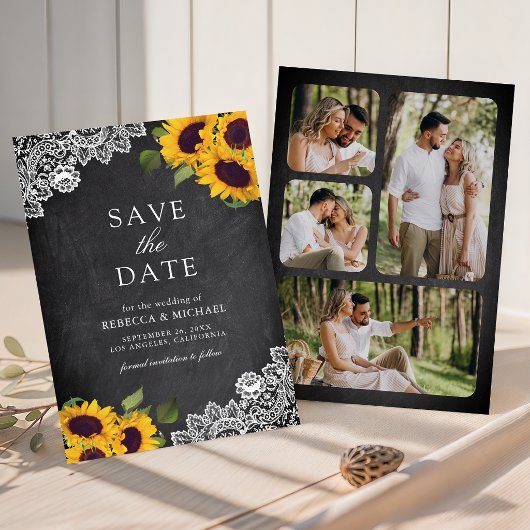 Rustikale Schiefertafel-Spitzen-Sonnenblumen-Hochz Save The Date