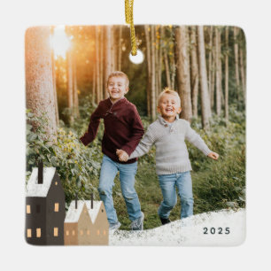 Rustikale schneebedeckte Dorfszenen-Foto-Keramik-O Keramikornament