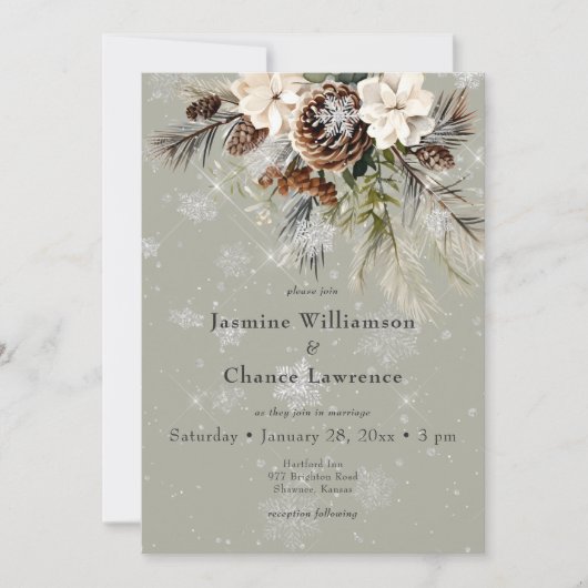 Rustikale Schneefall Pine & White Floral Sage Hoch Einladung (Vorderseite)