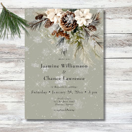 Rustikale Schneefall Pine & White Floral Sage Hoch Einladung