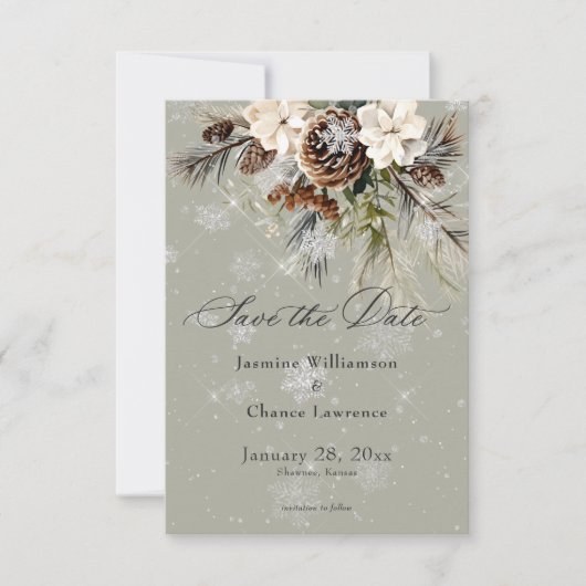 Rustikale Schneefall Pine & White Floral Sage Hoch Save The Date (Vorderseite)