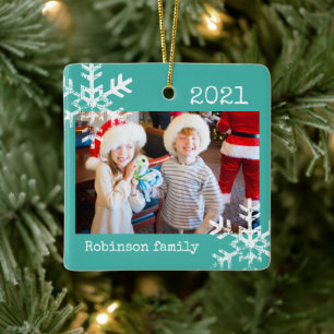 Rustikale Schneeflocke Familie Aquamarin Keramikornament