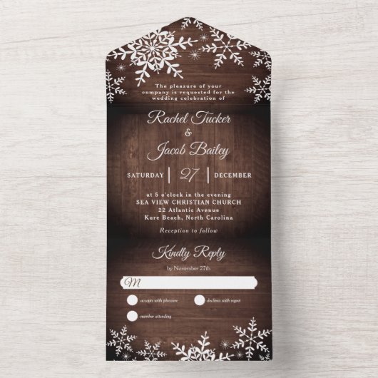 Rustikale Schneeflocken bei Weihnachten im Wald All In One Einladung (Innen Boden)