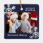 Rustikale Schneeflocken-Familie, blau Keramikornament (Vorderseite)