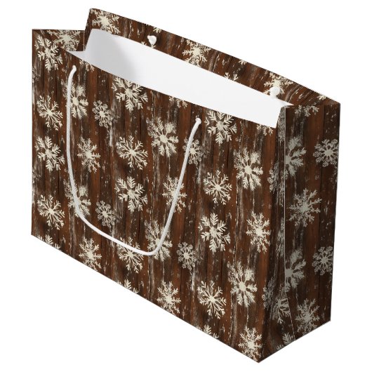 Rustikale Schneeflocken Große Geschenktüte (Vorderseite Schrägansicht)