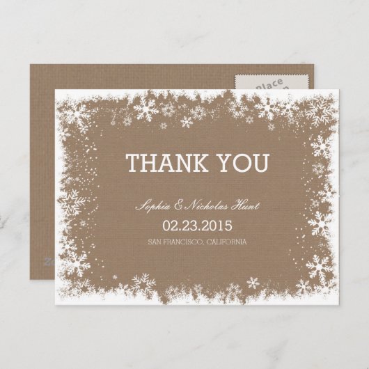 Rustikale Schneeflocken Hochzeit Danke Postkarten (Vorne/Hinten)