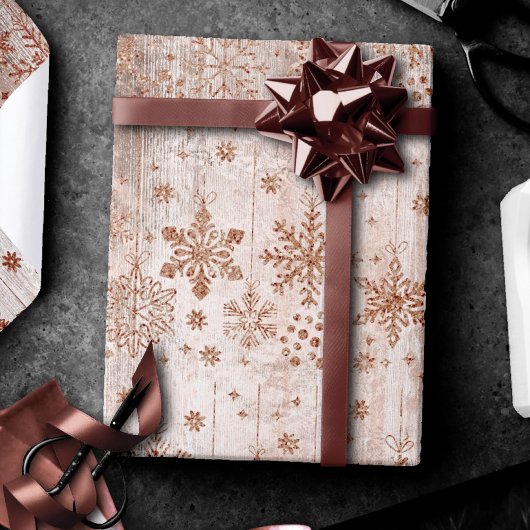 Rustikale Schneeflocken | Kupfer-Rose Gold-Holzmus Geschenkpapier