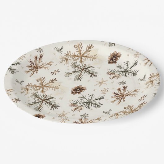 Rustikale Schneeflocken und Pinienbäume Pappteller (Schrägansicht)