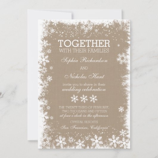 Rustikale Schneeflocken Winterhochzeit Einladungen (Vorderseite)