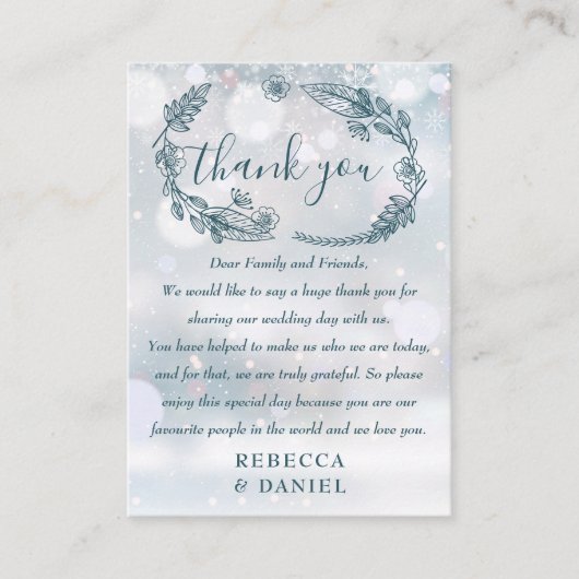 Rustikale Schneeflocken Winterhochzeit Vielen Dank Platzkarte (Vorderseite)