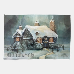 Rustikale Schneehütte Weihnachten Winter Nacht Geschirrtuch