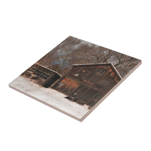 Rustikale Schneeszene und Vintage Hütte Fliese (Seite)