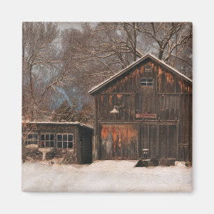 Rustikale Schneeszene und Vintage Hütte Magnet