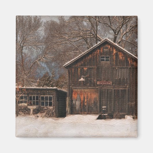 Rustikale Schneeszene und Vintage Hütte Magnet (Vorne)