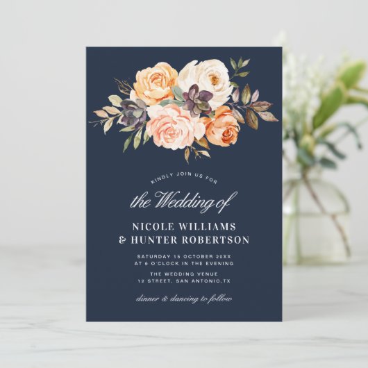 Rustikale Schrift Herbst Blumenmarinade blaue Hoch Einladung (Stehend Vorderseite)