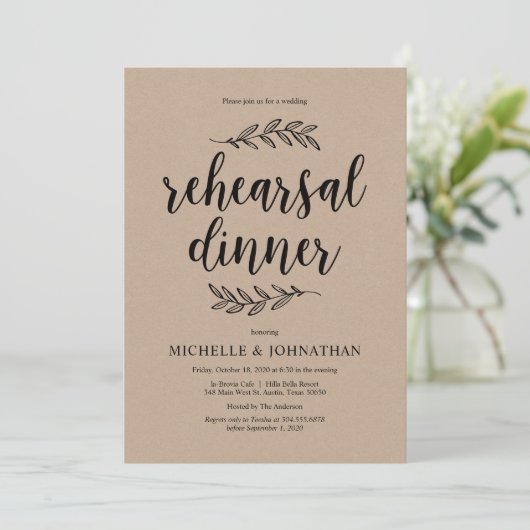 Rustikale Schrift, rustikale Kraft, Probe Abendess Einladung (Stehend Vorderseite)