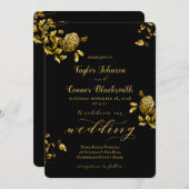 Rustikale Schwarz-Gold-Blütenkalligrafie-Hochzeit Einladung (Vorne/Hinten)