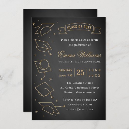 Rustikale Schwarz-Gold-Graduierungsparty Einladung (Vorne/Hinten)