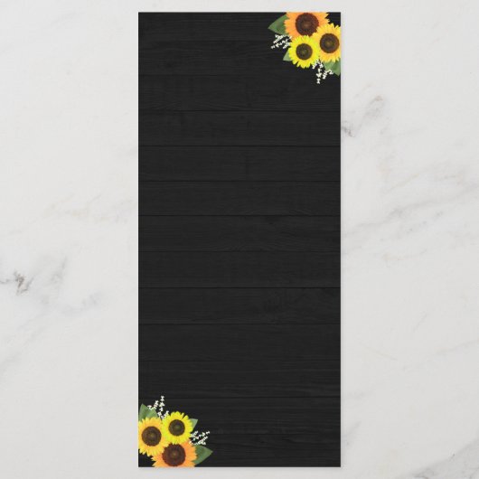 Rustikale Schwarz-Holz Lichter Spitzen Sonnenblume Menükarte (Rückseite)