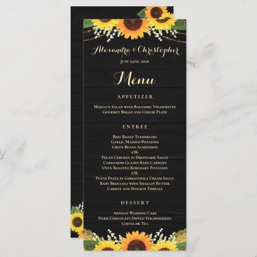Rustikale Schwarz-Holz Lichter Spitzen Sonnenblume Menükarte (Vorne/Hinten)