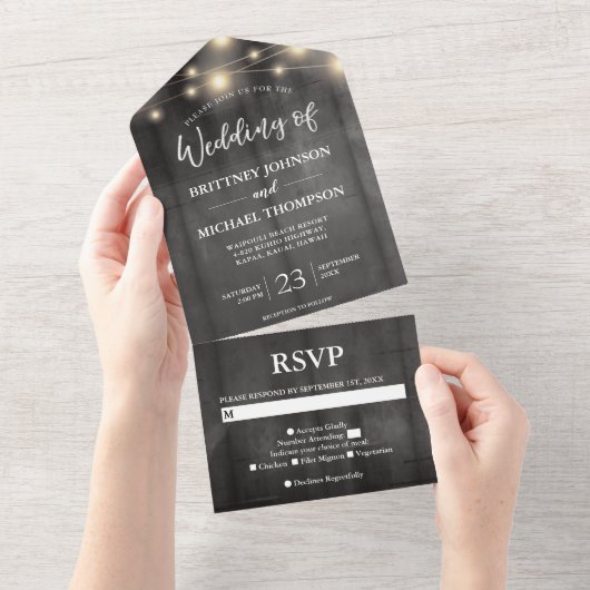 Rustikale Schwarz-Holz-String-Lichter Hochzeit All In One Einladung (Abreißen)