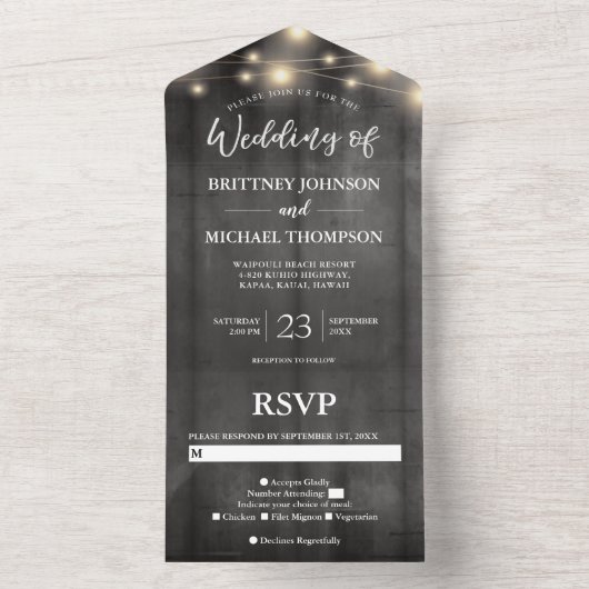 Rustikale Schwarz-Holz-String-Lichter Hochzeit All In One Einladung (Innen Boden)