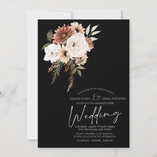 Rustikale Schwarz-Pfirsich-Flora-Hochzeit Einladun Einladung (Vorderseite)