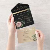 Rustikale Schwarz-Rosa-Blütenhochzeit All In One Einladung (Abreißen)