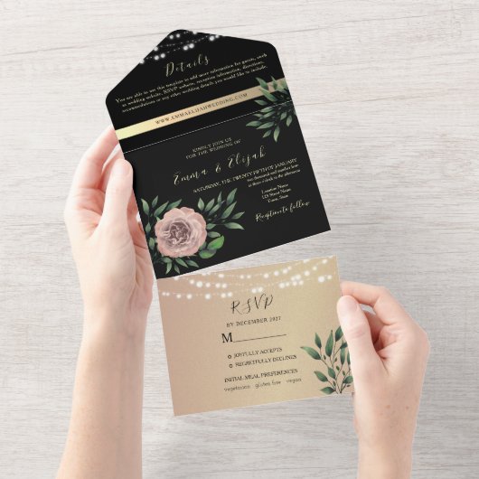 Rustikale Schwarz-Rosa-Blütenhochzeit All In One Einladung (Abreißen)