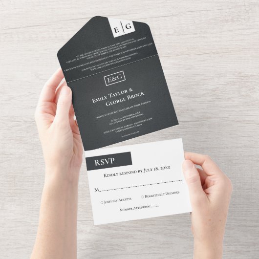 Rustikale Schwarz-Weiß-Monogramm Moderne Hochzeit All In One Einladung (Abreißen)