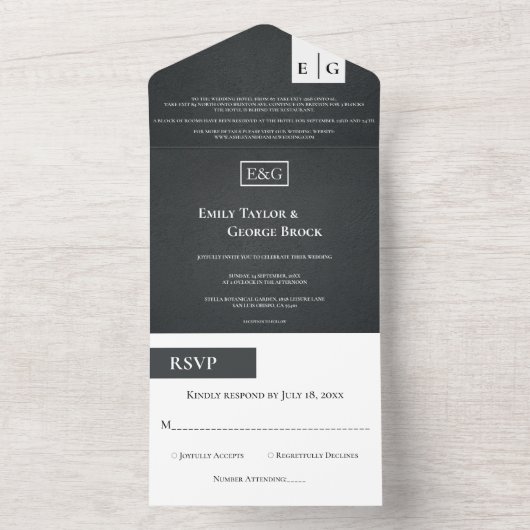 Rustikale Schwarz-Weiß-Monogramm Moderne Hochzeit All In One Einladung (Innen Boden)