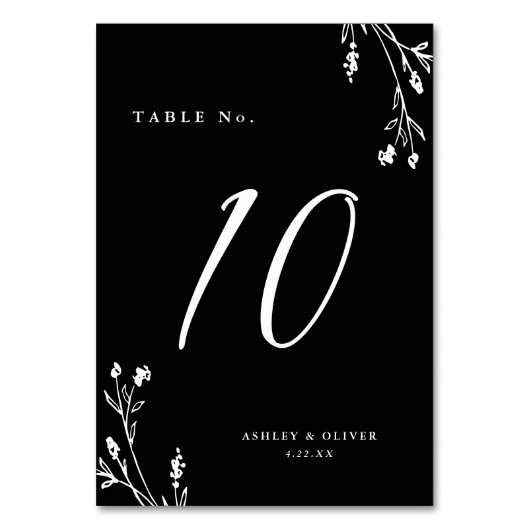 Rustikale Schwarz-Weiß-Wildblumen Boho Wedding Tischnummer (Vorderseite)