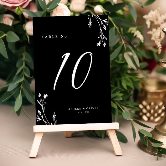 Rustikale Schwarz-Weiß-Wildblumen Boho Wedding Tischnummer