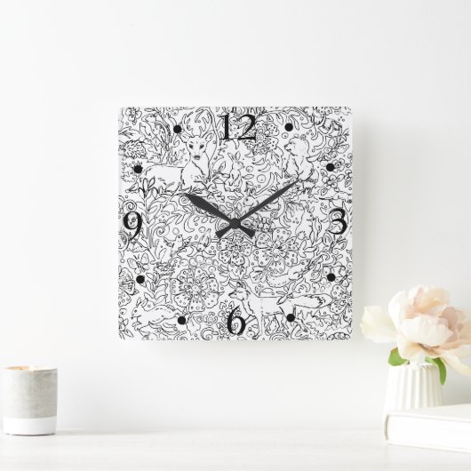 Rustikale Schwarz-weiße Waldtierfockenskizze Quadratische Wanduhr (Zuhause)