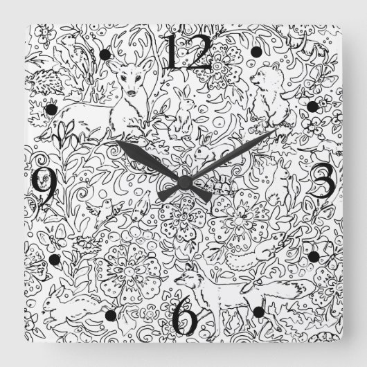 Rustikale Schwarz-weiße Waldtierfockenskizze Quadratische Wanduhr (Vorderseite)