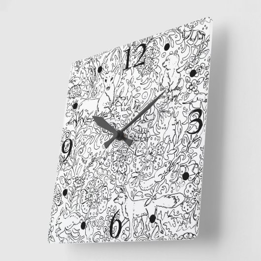 Rustikale Schwarz-weiße Waldtierfockenskizze Quadratische Wanduhr (Winkel)