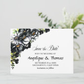 Rustikale schwarze Blütenhochzeit spart das Datum Save The Date (Stehend Vorderseite)