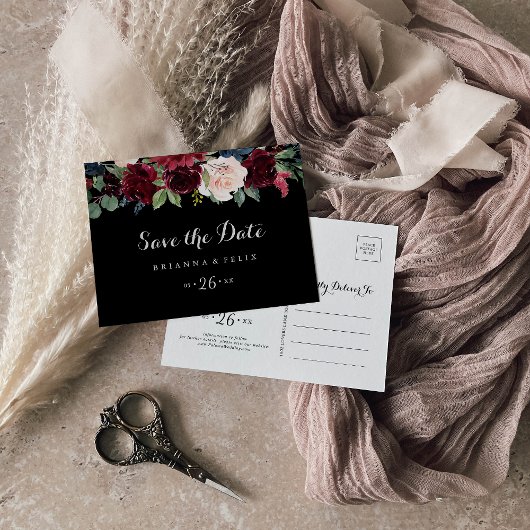 Rustikale schwarze Botanische Hochzeit retten das Postkarte