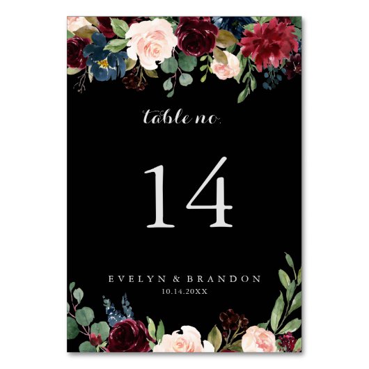 Rustikale Schwarze Botanische Hochzeit Tischnummer (Vorderseite)