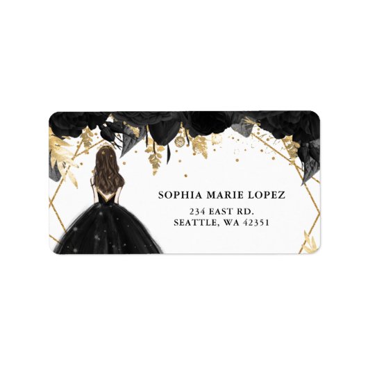 Rustikale Schwarze Gold-Blütenprinzessin Quinceane Adressaufkleber (Vorne)