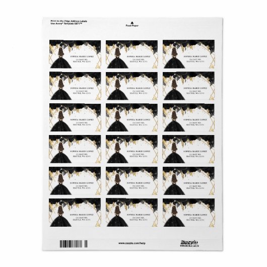 Rustikale Schwarze Gold-Blütenprinzessin Quinceane Adressaufkleber (Vorne)