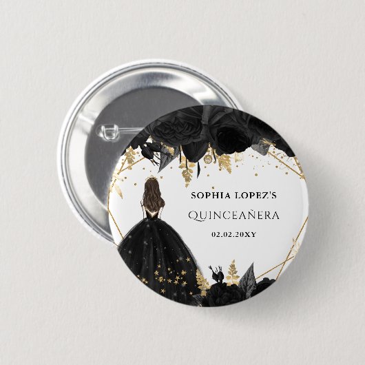 Rustikale Schwarze Gold-Blütenprinzessin Quinceane Button (Vorne & Hinten)