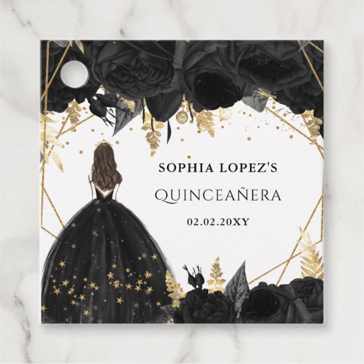 Rustikale Schwarze Gold-Blütenprinzessin Quinceane Geschenkanhänger (Vorderseite)