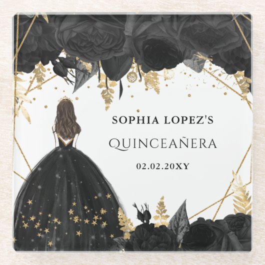 Rustikale Schwarze Gold-Blütenprinzessin Quinceane Glasuntersetzer (Vorderseite)