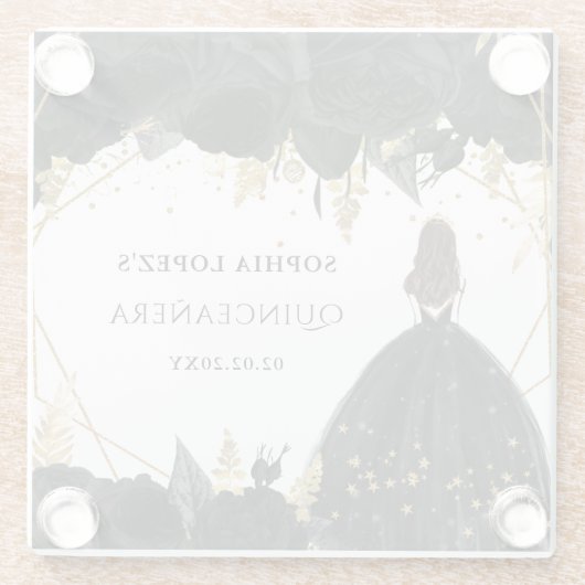 Rustikale Schwarze Gold-Blütenprinzessin Quinceane Glasuntersetzer (Rückseite)