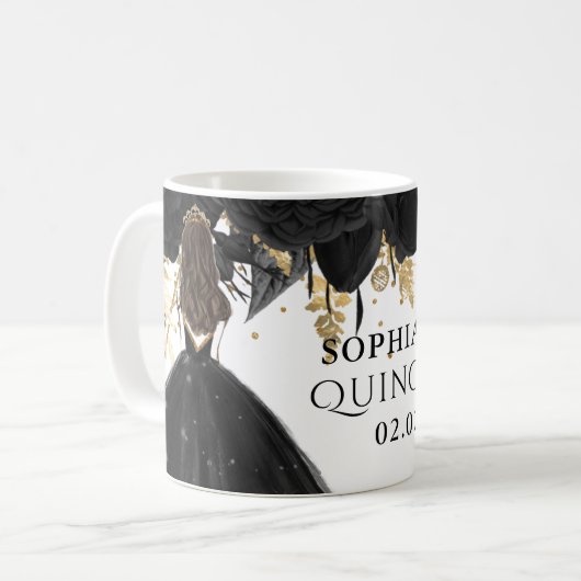 Rustikale Schwarze Gold-Blütenprinzessin Quinceane Kaffeetasse (Vorderseite Links)