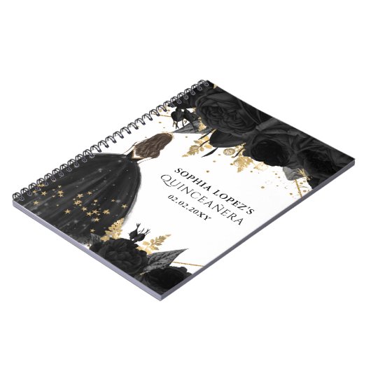 Rustikale Schwarze Gold-Blütenprinzessin Quinceane Notizblock (Linke Seite)