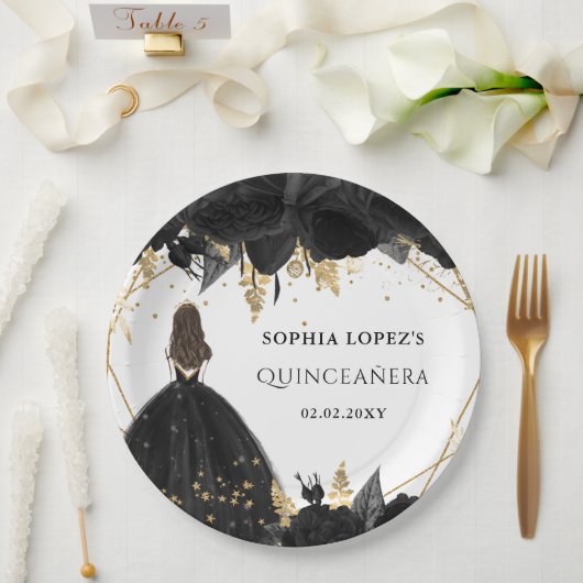 Rustikale Schwarze Gold-Blütenprinzessin Quinceane Pappteller (Hochzeit)